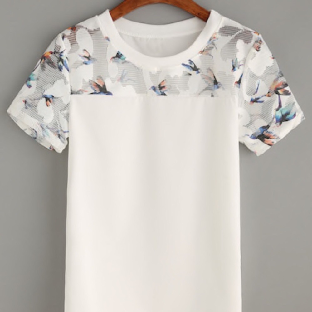 NWOT- SHEIN Bird Print Mesh Insert Top